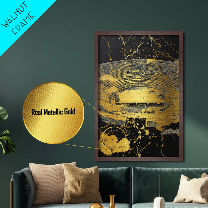 Ancient Theater Abstract, Splattered Metallic Gold Metal Print, Greek Myth Wall Art, Dramatic Decor, Wood Frame