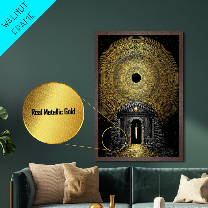 Sword Temple Cosmic Design, Mythology Wall Art, Metallic Gold Metal Print, Fantasy Decor, Ancient Architecture, Wood Frame