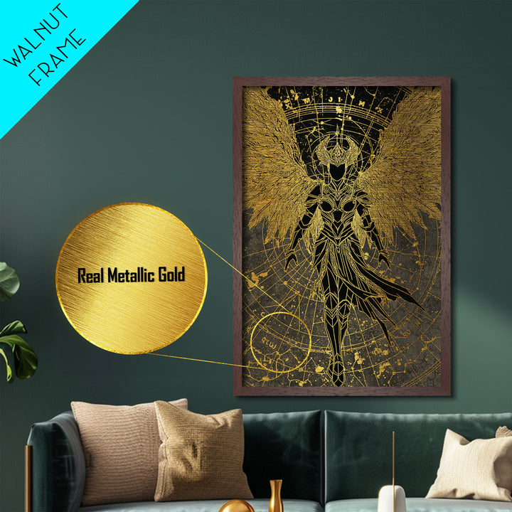 Celestial Angel Warrior, Astral Mythology Wall Art, Metallic Gold Metal Print, Fantasy Decor, Cosmic Figure, Wood Frame
