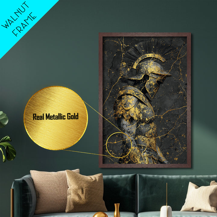 Roman Soldier Statue, Metallic Gold Metal Print, Ancient Warrior Wall Art, Real Wood Frame, Luxury Mythology Home Decor