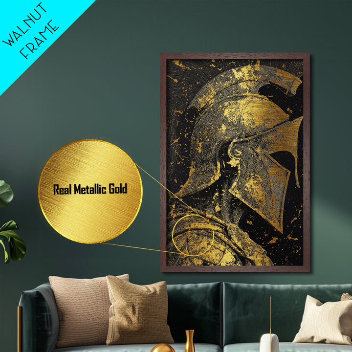 Greek Warrior Helmet, Metallic Gold Art, Ancient Soldier Wall Print, Mythology Decor, Real Wood Framed Metal Artwork