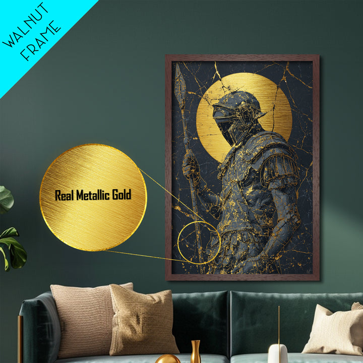 Spartan Warrior With Spear, Metallic Gold Metal Print, Ancient Soldier Wall Art, Real Wood Frame Decor, Luxury Mythology