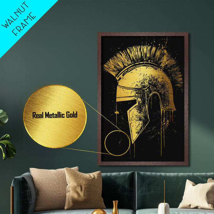 Spartan Helmet Illustration, Metallic Gold Metal Print, Ancient Warrior Wall Art, Real Wood Framed Mythology Decor
