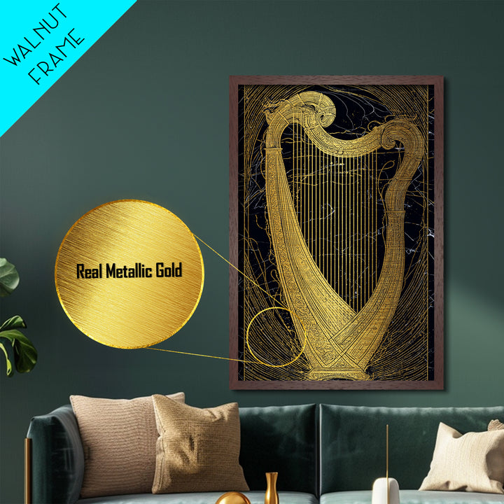 Golden Harp on Marble with Ornamental Lines – Metallic Gold Art, Metal Art in Real Wood Frame, Classical Music Instrument Decor
