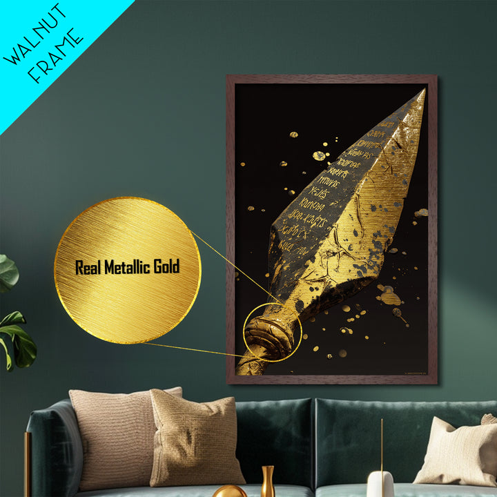 Inscribed Greek Spearhead in Motion Splash – Metallic Gold Art, Warrior Weapon Real Wood Framed Metal Art, Spartan Weapon Decor