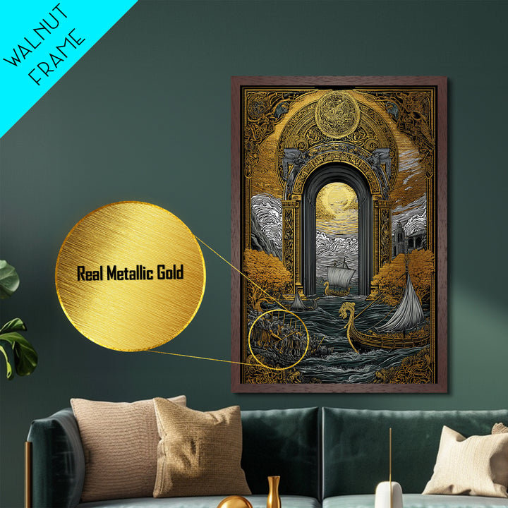 Viking Longships Through Mythic Gate – Metallic Gold Art, Epic Seafaring Metal Art in Real Wood Frame, Norse Voyage Wall Print