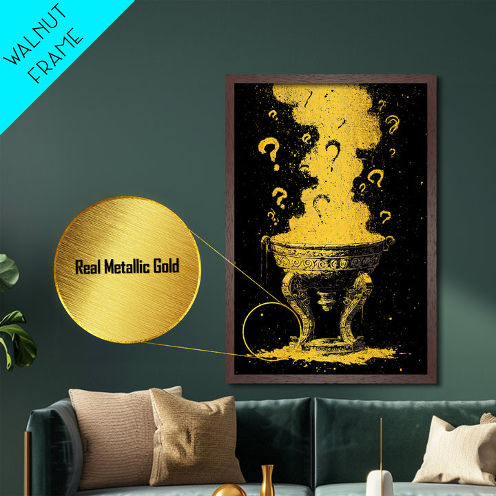 Golden Oracle Bowl with Rising Smoke – Metallic Gold Art, Mystical Ritual Metal Art Framed in Real Wood, Ancient Prophecy Decor