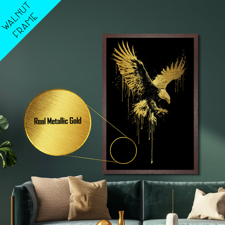Flying Gold Splatter Eagle in Mid-Descent – Metallic Gold Art, Real Wood Framed Metal Art, Dynamic Bird of Prey Wall Statement