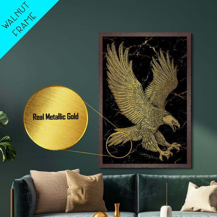 Detailed Golden Eagle with Spread Wings – Metallic Gold Art, Precision Linework Metal Art in Real Wood Frame, Regal Animal Decor
