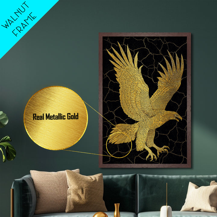 Golden Eagle Metal Art, Metal Print in Metallic Gold, Framed Metal Wall Art with Real Wood Frame, Black Background Luxury Wildlife Decor
