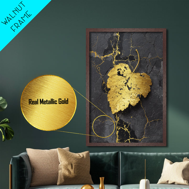 Gold Leaf on Black Marble Metal Art, Metallic Gold Metal Print, Framed Metal Wall Art with Real Wood Frame, Minimalist Modern Decor