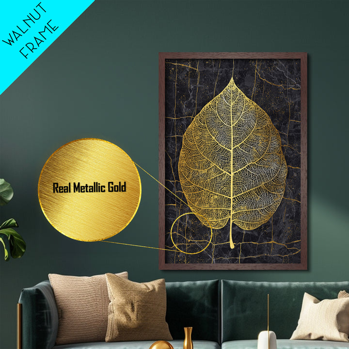 Skeleton Leaf Botanical Metal Art, Metallic Gold Metal Print, Framed Metal Wall Art with Real Wood Frame, Black Marble Nature Decor
