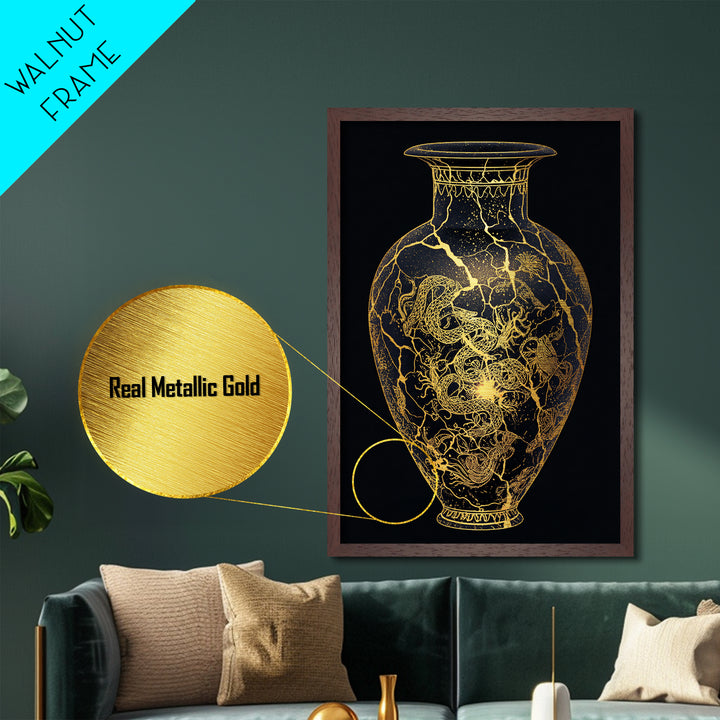 Kintsugi Serpent Vase Metal Art, Metallic Gold Metal Print, Framed Metal Wall Art with Real Wood Frame, Celestial Night Sky Decor