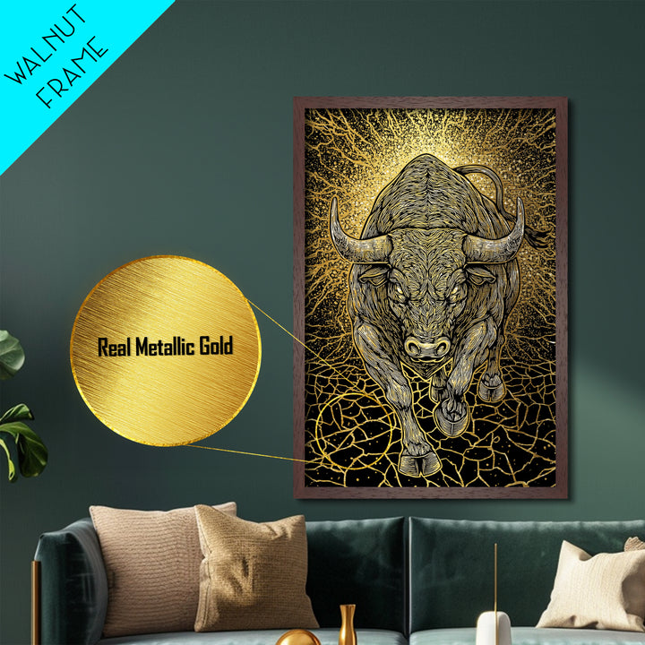 Charging Bull Metal Art, Metallic Gold Metal Print, Framed Metal Wall Art with Real Wood Frame, Powerful Animal Gallery Decor