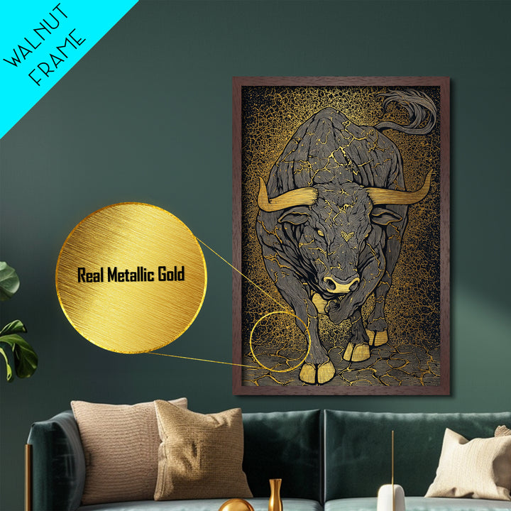 Cracked Stone Bull Metal Art, Metallic Gold Metal Print, Framed Metal Wall Art with Real Wood Frame, Textured Cosmic Decor