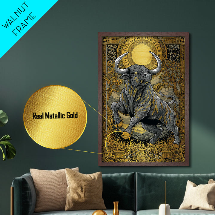 Taurus Zodiac Bull Metal Art, Metallic Gold Metal Print, Framed Metal Wall Art with Real Wood Frame, Ornate Mythic Gallery Decor