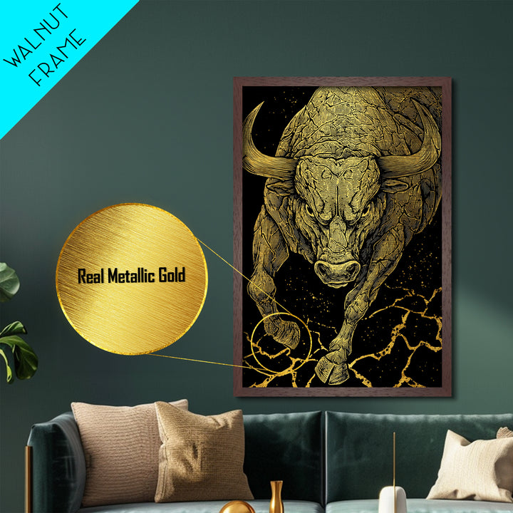Charging Bull Metallic Gold Metal Print, Framed Metal Wall Art with Real Wood Frame, Dynamic Black and Gold Animal Decor
