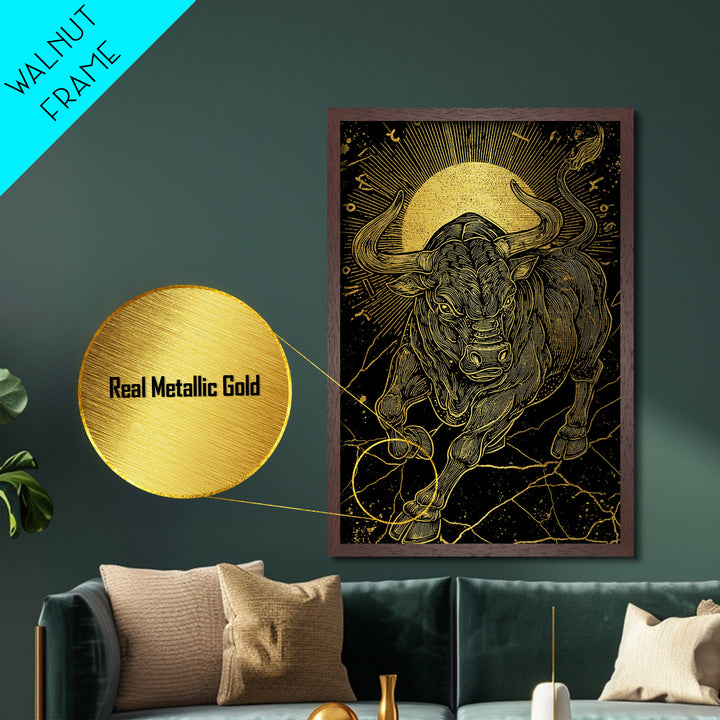 Taurus Bull Metallic Gold Metal Print, Framed Metal Wall Art with Real Wood Frame, Zodiac Sun Disc Black and Gold Gallery Decor