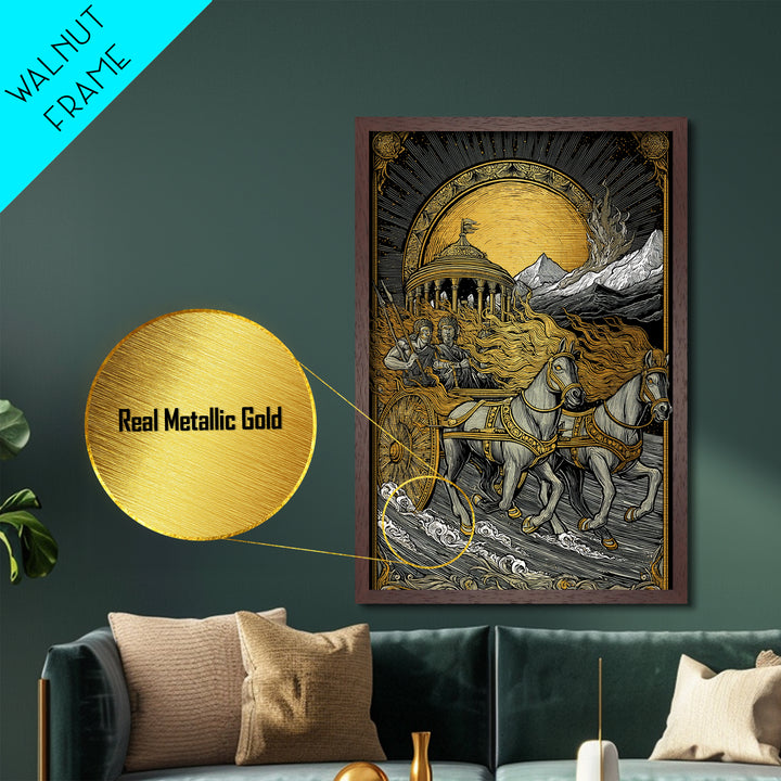 Sun Chariot Metallic Gold Metal Print, Framed Metal Wall Art with Real Wood Frame, Greek Myth Apollo Helios Horses Statement Decor