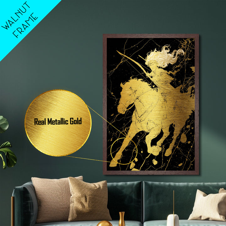 Huntress on Horse Metallic Gold Metal Print, Framed Metal Wall Art with Real Wood Frame, Warrior Goddess Archer Black Gold Decor