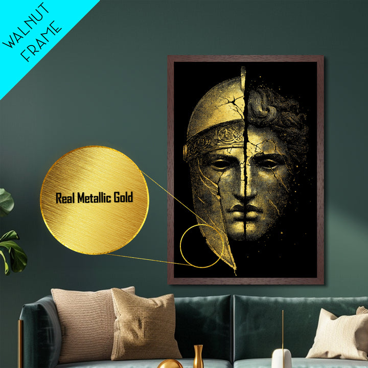 Ancient Warrior Mask Metallic Gold Metal Print, Framed Metal Wall Art with Real Wood Frame, Greek Helmet Cracked Kintsugi Decor