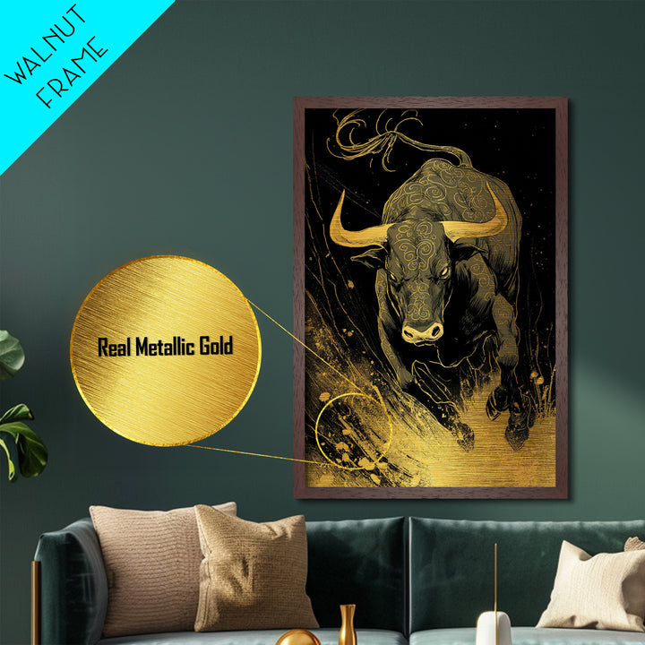 Bull Splash Metallic Gold Metal Print, Framed Metal Wall Art with Real Wood Frame, Powerful Charging Animal Black Gold Decor
