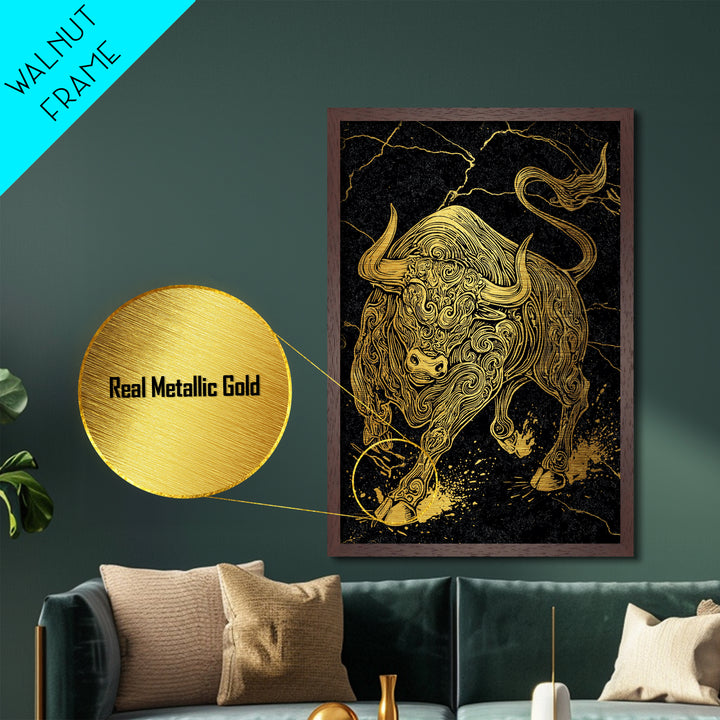 Ornate Bull Metallic Gold Metal Print, Framed Metal Wall Art with Real Wood Frame, Black and Gold Animal Decor for Luxury Home