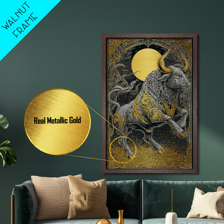 Regal Bull Metallic Gold Metal Print, Framed Metal Wall Art with Real Wood Frame, Mythic Black and Gold Zodiac Decor for Gallery