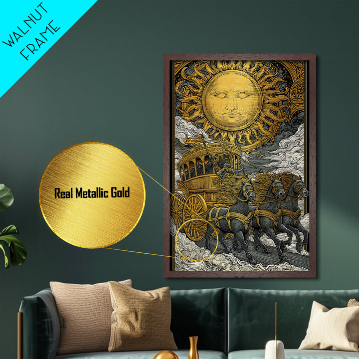 Sun Chariot Metallic Gold Metal Print, Framed Metal Wall Art with Real Wood Frame, Greek Myth Apollo Horses Statement Decor