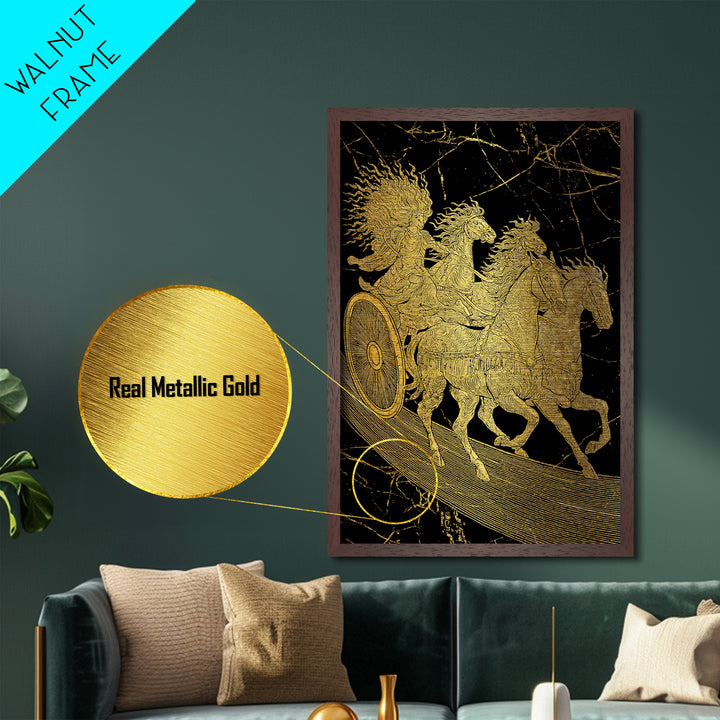 Golden Chariot Metallic Gold Art, Framed Metal Wall Art with Real Wood Frame, Classical Black and Gold Greek Myth Horse Decor