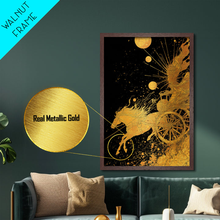 Celestial Chariot Metallic Gold Art, Framed Metal Wall Art with Real Wood Frame, Radiant Greek Myth Sun and Horse Wall Decor