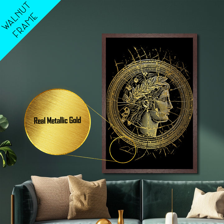 Greek Coin Profile Metallic Gold Metal Print, Framed Metal Wall Art with Real Wood Frame, Black and Gold Classical Portrait Decor