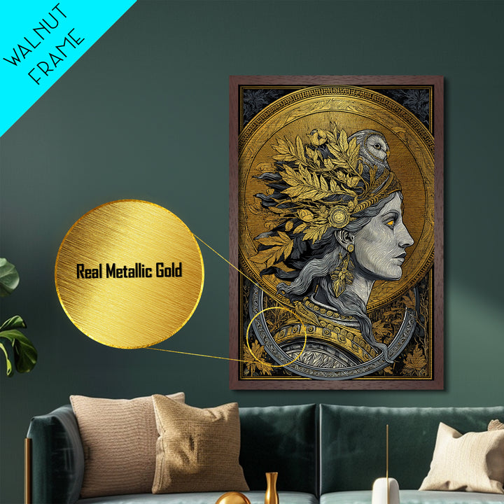 Athena Portrait Metallic Gold Metal Print, Framed Metal Wall Art with Real Wood Frame, Greek Goddess with Owl Luxury Home Decor
