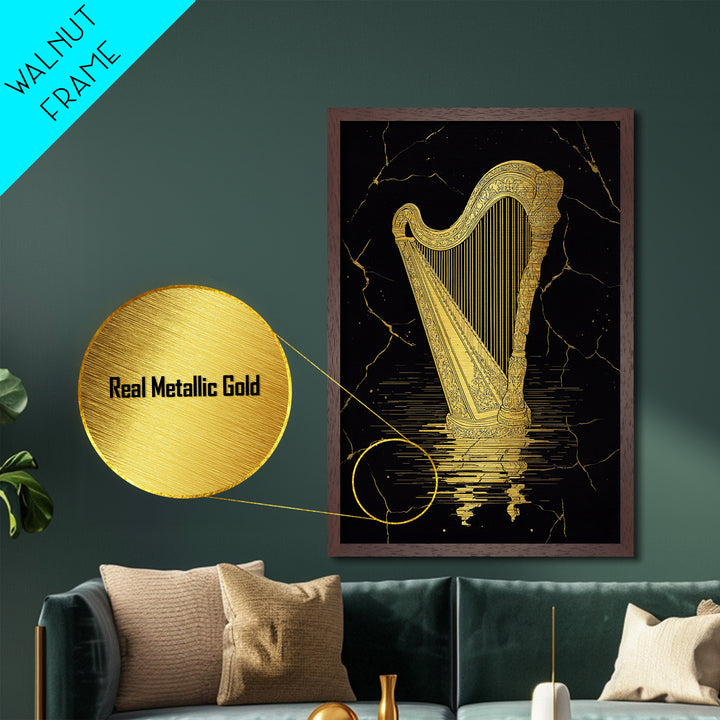 Golden Harp Metallic Gold Metal Print, Framed Metal Wall Art with Real Wood Frame, Black and Gold Classical Instrument Decor