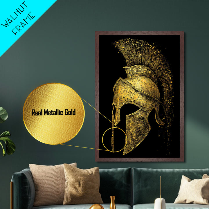 Spartan Helmet Metallic Gold Metal Print, Framed Metal Wall Art with Real Wood Frame, Black and Gold Greek Warrior Decor