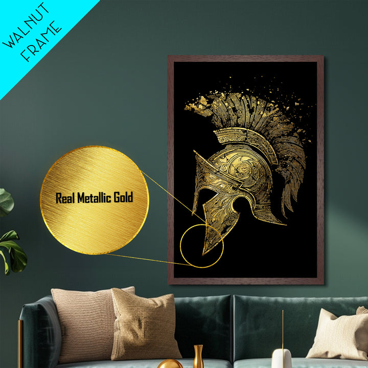 Spartan Helmet Metallic Gold Metal Print – Ancient Warrior Art on Premium Metal with Real Wood Frame – Greek History Wall Decor