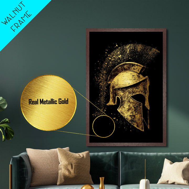 Greek Warrior Helmet Metallic Gold Metal Print – Ancient Sparta Wall Art with Real Wood Frame – Bold Historical Home Decor