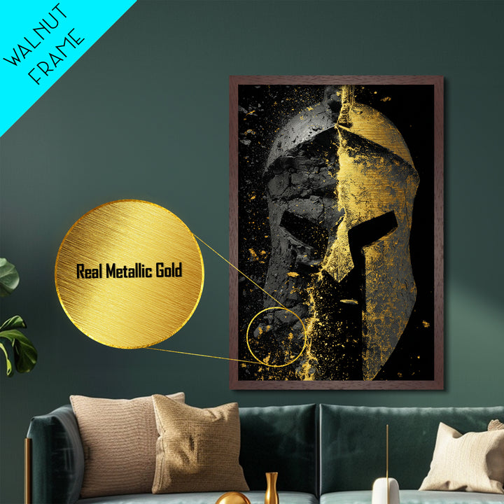 Shattered Spartan Helmet Metallic Gold Metal Print – Half Black Rock Half Gold Warrior Art – Real Wood Frame Home Wall Decor