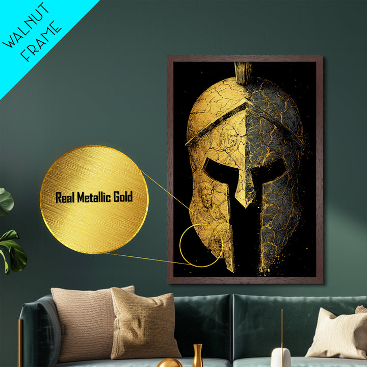 Cracked Warrior Helmet Metallic Gold Art – Ancient Greek Sparta Wall Metal Print with Real Wood Frame – Bold Home Decor