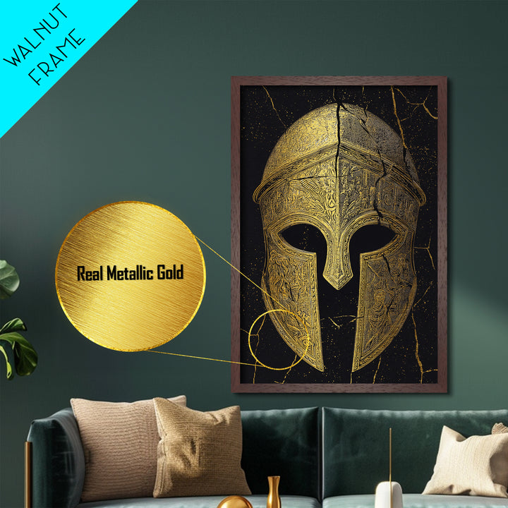 Detailed Spartan Helmet Metallic Gold Metal Print – Engraved Greek History Art with Real Wood Frame – Warrior Wall Decor