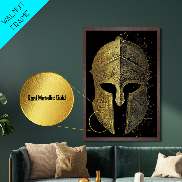 Historic Greek Helmet Metallic Gold Art – Ancient Battle Warrior Wall Metal Print with Real Wood Frame – Museum Quality Decor