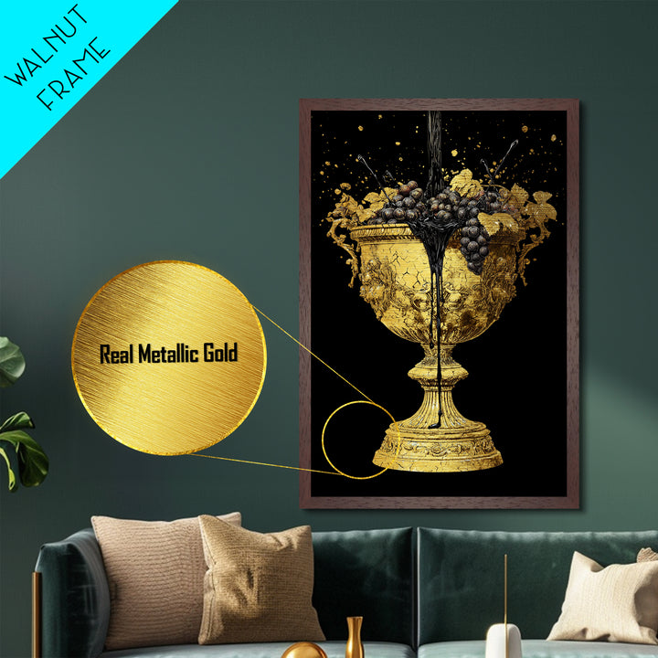 Luxurious Golden Chalice Metallic Gold Metal Print – Grapes & Wine Still Life Wall Art with Real Wood Frame – Elegant Kitchen Decor