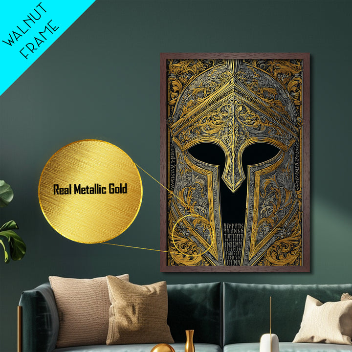 Runic Spartan Helmet with Ornate Gold Carving – Metallic Gold Art, Intricate Ancient Helmet Metal Art, Mythic Warrior Decor