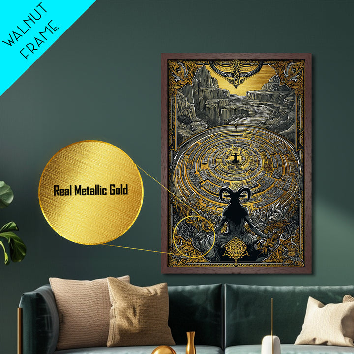 Labyrinth Minotaur Fantasy Scene Metallic Gold Metal Print with Real Wood Frame – Mythology Inspired Wall Art