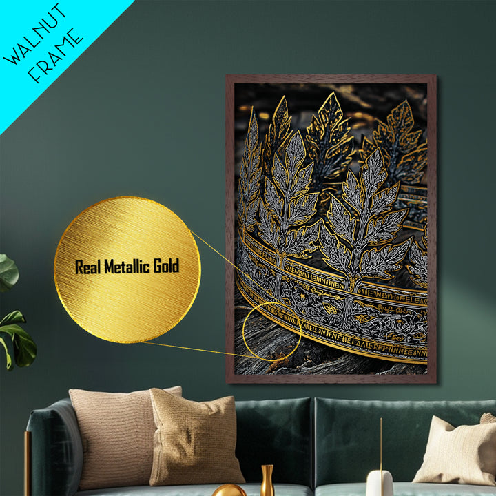 Laurel Leaf Crown Metallic Gold Art Print with Real Wood Frame – Regal Nature-Inspired Decorative Wall Piece