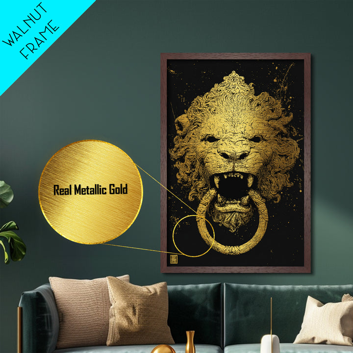 Aged Lion Door Knocker Metallic Gold Art Print with Real Wood Frame – Rustic Antique-Inspired Home Wall Art