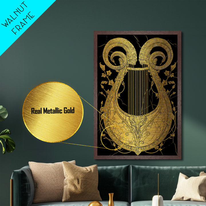 Ancient Ram Horn Lyre Metallic Gold Art Print with Real Wood Frame – Classical Mythology Inspired Wall Art