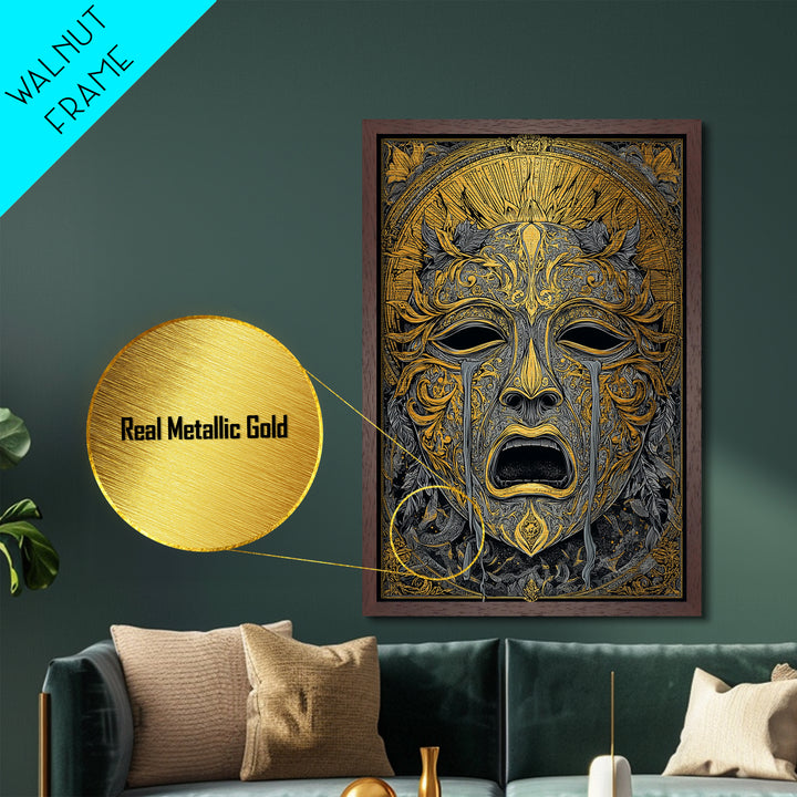 Crying Ornate Mask Metallic Gold Metal Print with Real Wood Frame – Dramatic Theatrical Inspired Wall Art