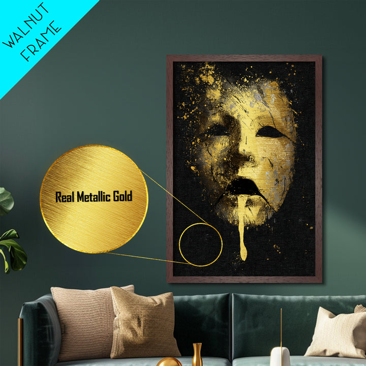 Abstract Gold-Drip Mask Metallic Gold Art Print with Real Wood Frame – Modern Surreal Face Wall Decor