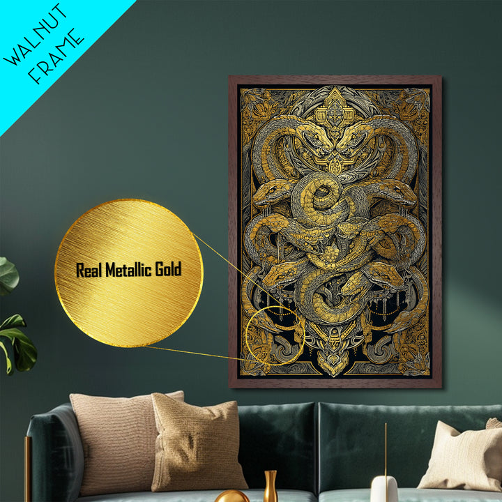 The Serpent Conclave – A Tangled Reign of Golden Scales, Metal Art, Metallic Gold Print, Metal Wall Art, Man Cave Decor